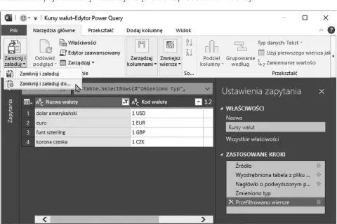 Edytor Power Query pokazuje kursy walut, gdzie użytkownik wybiera opcję "Zamknij i załaduj do...", aby przetworzyć dane.