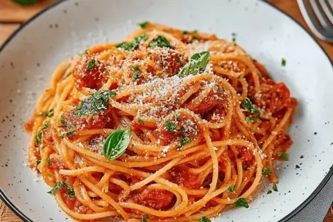 Ein Teller Spaghetti Napoli mit Tomatensauce, Basilikum und Parmesan.
