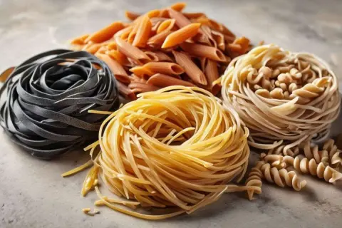 Olika sorters pasta: mörka tagliatelle, gula tagliatelle, penne och fusilli. En visuell jämförelse av fullkornspasta vs vanlig pasta.