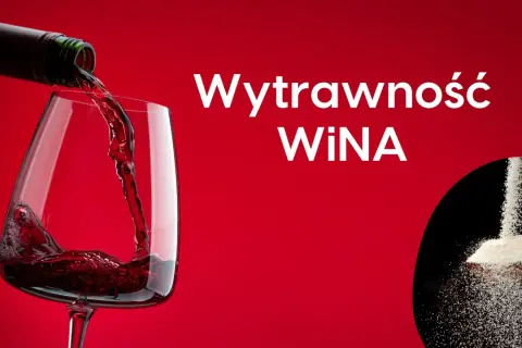 Czerwone wino nalewane do kieliszka. Obok łyżka z cukrem, ilustrująca, ile cukru ma wino wytrawne.