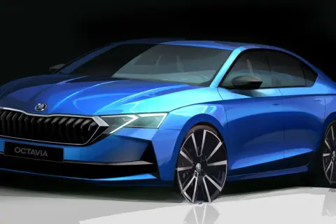 Niebieska Skoda Octavia w zbliżeniu, prezentująca nowy design przodu.
