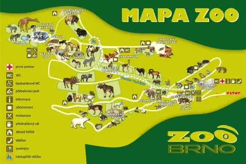 Mapa Zoo Brno zlokalizuje atrakcje dla dzieci, takie jak safari, jurta, dziecięce zoo i plac zabaw.