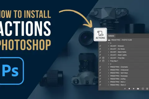Learn how to install free Photoshop actions to enhance your photos. The image shows a Photoshop Actions panel with various presets.