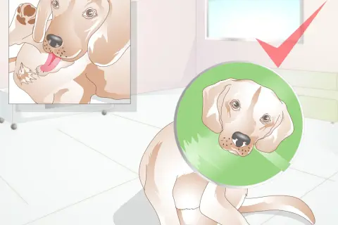 Perro con collar isabelino, recuperándose. La castración trae beneficios para su salud y comportamiento.