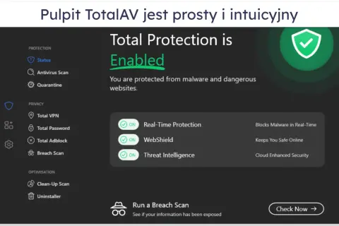 Interfejs TotalAV z włączoną ochroną przed złośliwym oprogramowaniem, w tym ransomware. Ochrona w czasie rzeczywistym i WebShield zapewniają bezpieczeństwo.