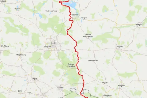 Mapa z zaznaczoną trasą rowerową Odra-Nysa, od Świnoujścia do okolic Wałbrzycha.