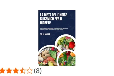 Copertina libro "La dieta dell'indice glicemico per il diabete" con immagini di frutta, verdura e pesce. Include una tabella indice glicemico.