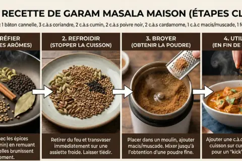 Étapes clés pour une recette de garam masala maison : torréfier, refroidir, broyer les épices, puis les utiliser pour parfumer vos plats.