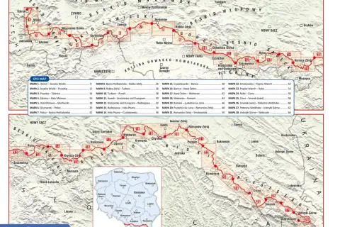 Mapa szlaku GSB, z zaznaczonymi punktami i numerami odcinków, prowadząca przez Beskidy.