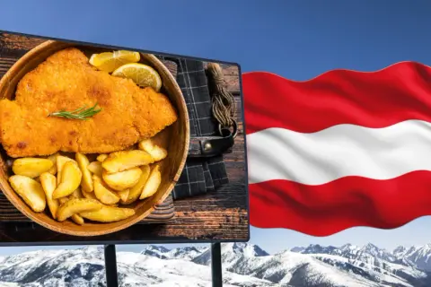 Szwajcarski schabowy z frytkami, symbol kuchni austriackiej, na tle flagi Austrii i ośnieżonych gór.