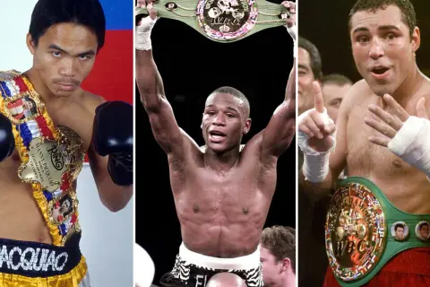 Manny Pacquiao, Floyd Mayweather, and Oscar De La Hoya, three of the best P4P boxers of all time, celebrate championship wins with their belts.