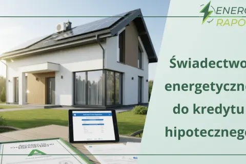 Nowoczesny dom z panelami słonecznymi i klimatyzatorem. Na stole leży świadectwo charakterystyki energetycznej, idealne do uzyskania kredytu hipotecznego na dom energooszczędny.
