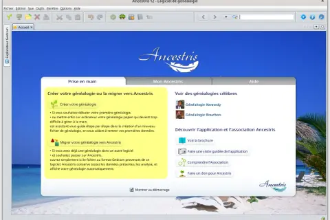Interface du logiciel de généalogie Ancestris, proposant de créer ou migrer une généalogie. Ancestris gratuit pour tous vos ancêtres.