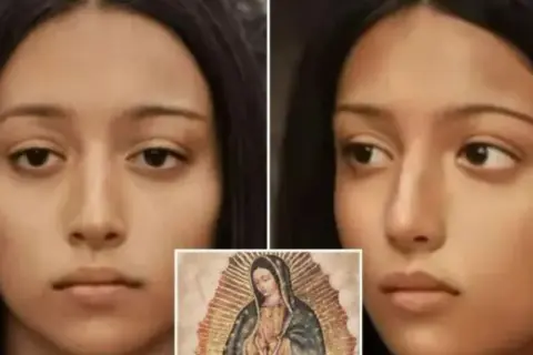 Rekonstrukcja twarzy Maryi z Guadalupe. Obok tradycyjny wizerunek Matki Boskiej.