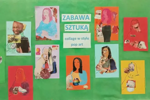 Kolaże w stylu pop-art przedstawiające postacie z psami, twarzami i elementami popkultury. Zabawa sztuką w wydaniu dziecięcym.