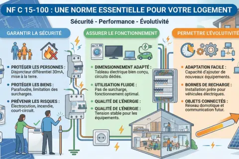 Infographie expliquant la norme électrique NF C 15-100 pour la sécurité, le bon fonctionnement et l'évolutivité du logement.