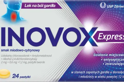 Inovox Express - lek na ból gardła, smak miodowo-cytrynowy. Opakowanie zawiera 24 pastylki twarde. Działanie antyseptyczne i znieczulające.