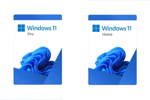 Dwa opakowania Windows 11: Pro i Home, z niebieskim logo i falistym wzorem.