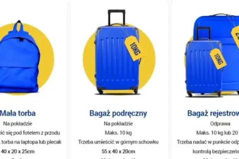 Ryanair bagaż rejestrowany 20 kg wymiary: walizka niebieska, większa, z żółtą metką 20 kg.
