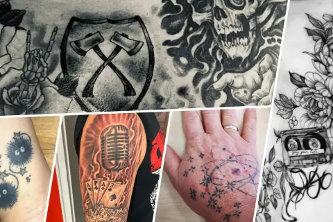 Collage mit verschiedenen Tattoo-Motiven: Totenkopf, Äxte, Mikrofon, Spielkarten, Kassettenband, Blumen und kleine Figuren. Ein Tattoo-Reisen-Symbol könnte hier die Vielfalt der Kunst darstellen.