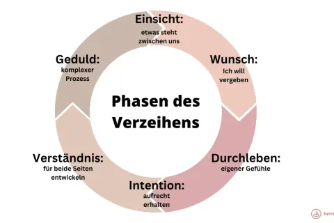 Kreisdiagramm zeigt die Phasen des Verzeihens: Einsicht, Wunsch, Durchleben, Intention, Verständnis und Geduld. Es erklärt, warum ich nicht verzeihen kann, indem es die Komplexität des Prozesses aufzeigt.