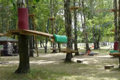 Park linowy w Pabianicach oferuje mnóstwo atrakcji. Drewniane platformy i liny tworzą tor przeszkód wśród drzew.