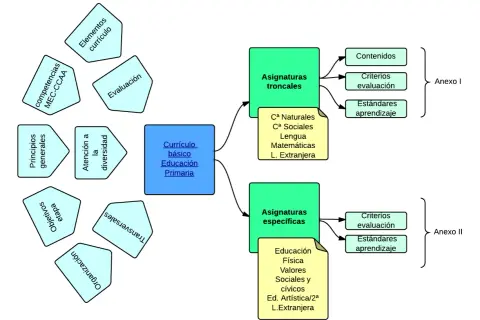 Esquema LOMCE: el currículo básico de Educación Primaria se estructura en asignaturas troncales y específicas, con contenidos, criterios y estándares de aprendizaje.