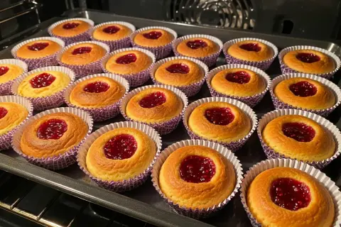 Nybakade hallongrottor i sina lila formar, redo att avnjutas. Ett perfekt hallongrottor recept för fikat.