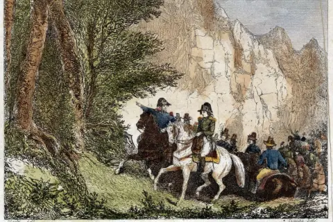 Napoléon, en uniforme, traverse un paysage rocheux de la Corse, entouré de ses troupes.