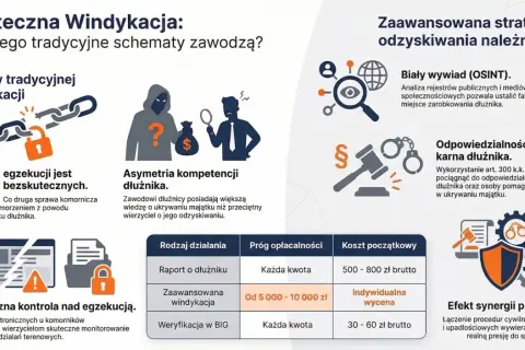Skuteczna windykacja: bariery tradycyjnych metod, asymetria kompetencji dłużnika i iluzoryczna kontrola nad egzekucją. Zaawansowana strategia odzyskiwania należności, w tym biały wywiad i odpowiedzialność karna, zwiększa szanse na odzyskanie wierzyteln...