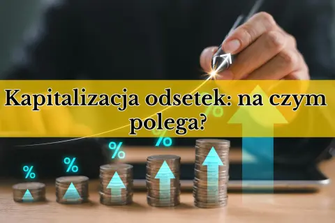 Wzrost kapitału dzięki kapitalizacji odsetek. Stosy monet rosną, symbolizując zysk.