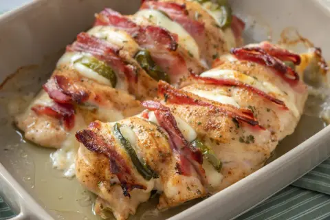 Pyszny filet z kurczaka z piekarnika, owinięty boczkiem, z rozpływającym się serem i papryczką jalapeno.