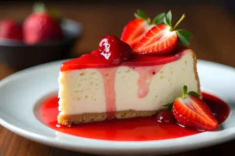 Ein Stück cremiger Strawberry Cheesecake mit frischen Erdbeeren und rotem Fruchtgelee auf einem weißen Teller.
