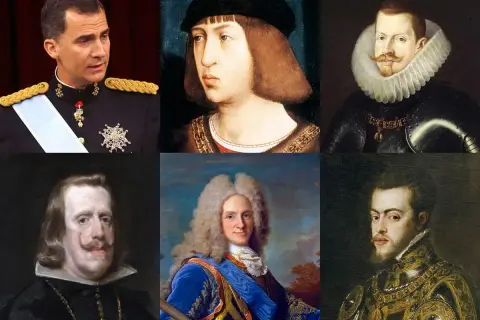 Seis retratos de reyes españoles, incluyendo al actual rey Felipe VI, y varios monarcas históricos.