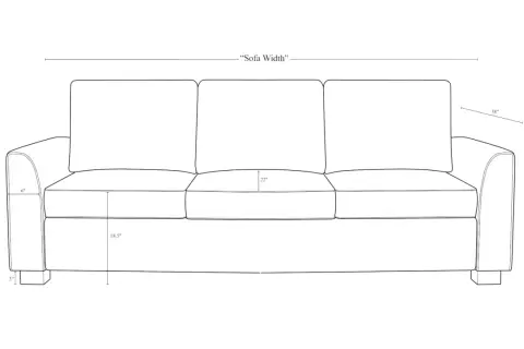 Line drawing of a sofa with dimensions. Key couch dimensions shown: 37" height, 25" seat height, 22" seat depth, 38" arm height, and "Sofa Width".
