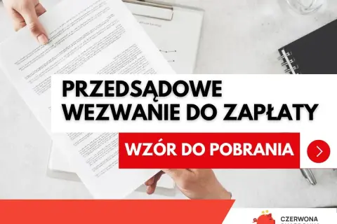 Ręka trzyma dokument z napisem "PRZEDSĄDOWE WEZWANIE DO ZAPŁATY". Obok przycisk "WZÓR DO POBRANIA".