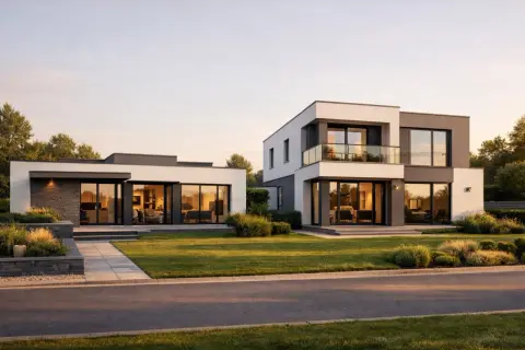 Nowoczesny bungalow i piętrowy dom z balkonem, otoczone zielenią, oświetlone ciepłym światłem zachodzącego słońca.