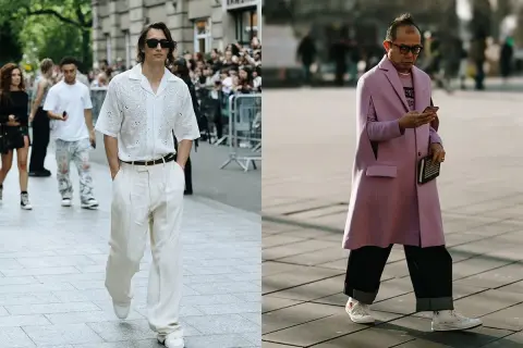Uomo con camicia bianca e pantaloni larghi, un esempio di come indossare sneakers alte con stile.