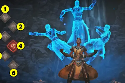 Wybór diablo immortal postacie: wojownik otoczony przez swoje duchowe wcielenia, z numerowanymi ikonami umiejętności.