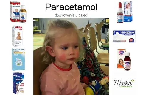 Mała dziewczynka z zaczerwienionymi policzkami, obok leki z paracetamolem, np. APAP dla dzieci, Efferalgan, Panadol, Calpol. Preato 75.