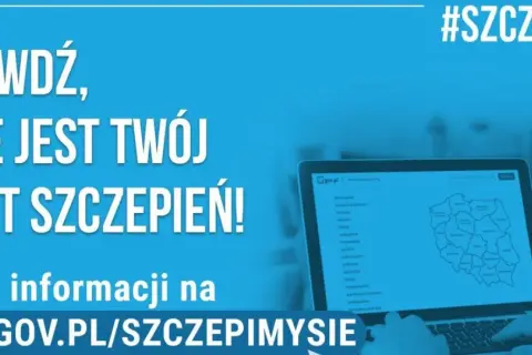 Laptop z mapą Polski i listą punktów szczepień. Tekst: Sprawdź, gdzie jest Twój punkt szczepień!