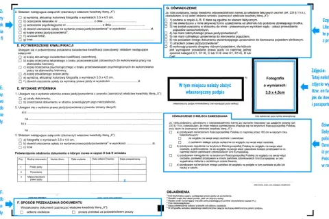 Formularz wniosku o wydanie prawa jazdy, z zaznaczonym polem "ile się czeka na pkk" w sekcji "Oświadczenie o miejscu zamieszkania".