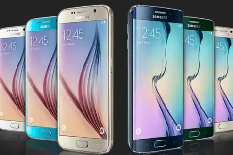 Kilka smartfonów Samsung Galaxy S6 w różnych kolorach, ustawionych obok siebie.