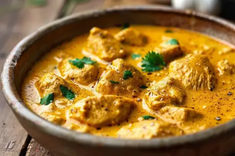 En skål med krämig kyckling i en gyllene currysås, toppad med färsk koriander. En härlig rätt med kyckling i curry.