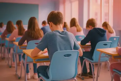 Estudiantes concentrados en un aula, preparándose para sus intensivos inglés B2.