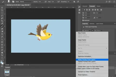 Comment faire un GIF avec Photoshop : l'option "Make Frames From Layers" est sélectionnée pour créer une animation à partir de calques.