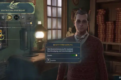 Im Spiel Hogwarts Legacy kannst du hier deinen Besen verbessern, um maximale Beschleunigung und Geschwindigkeit zu erreichen.