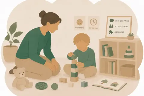 En vuxen leker med ett autism barn med klossar. På väggen syns ord som kommunikation och socialt samspel.