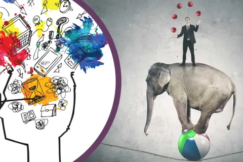 En man jonglerar bollar på en elefant som balanserar på en boll. Bredvid en illustration av ett huvud fyllt med idéer, symboliserar detta multitasking svenska.