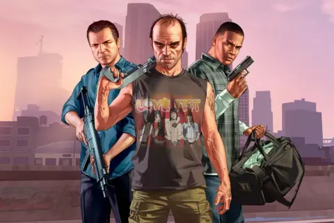 Trzech bohaterów GTA V z bronią i torbą pieniędzy. Czekamy na GTA 6 kiedy w Polsce!